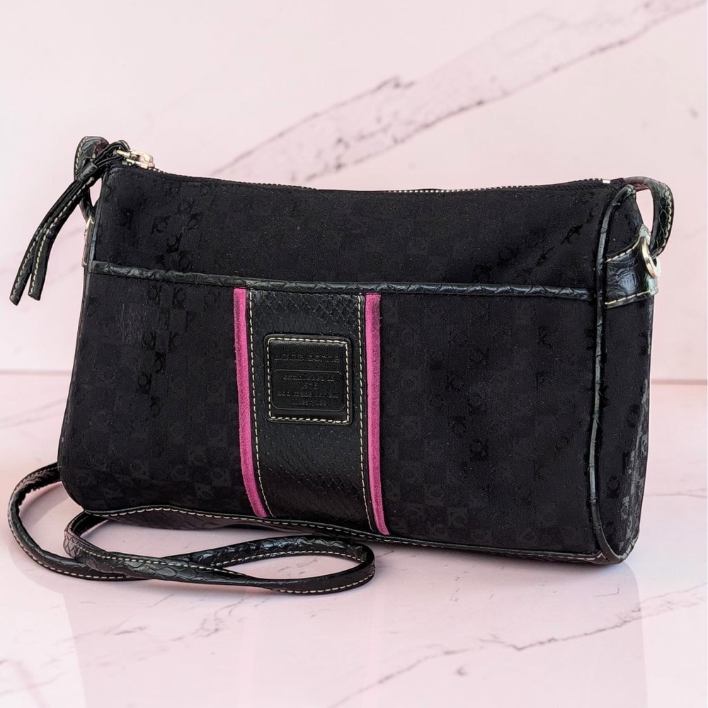 Liz Claiborne Y2K Crossbody Bag Black Monogram Canvas Pink Suede Trim Purse